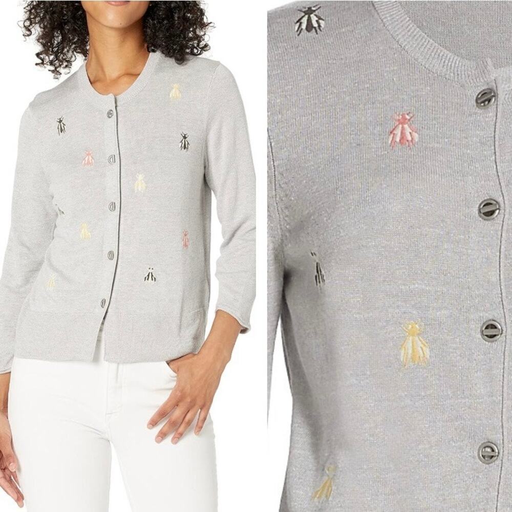 NIC + ZOE Busy Bee Embroidered Cardigan Grey Linen Blend M - Picture 3 of 14
